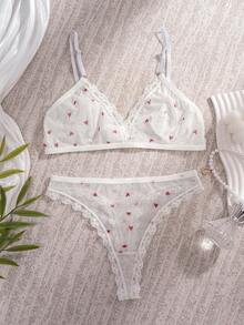 Heart Print Lace Trim Mesh Lingerie Set, Adjustable Straps Back Hook Bra & Brief Panty - White - View 5