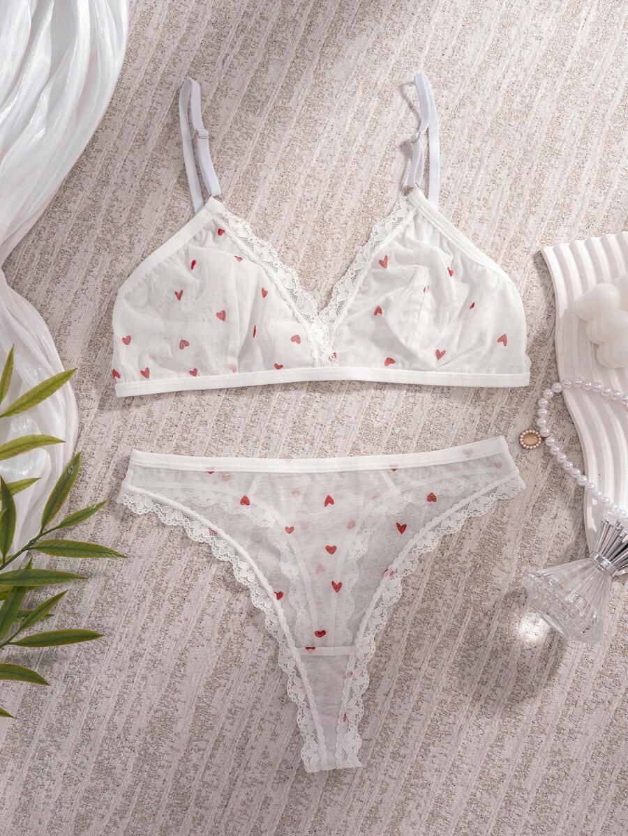 Heart Print Lace Trim Mesh Lingerie Set, Adjustable Strap Back Closure Bra And Panties
