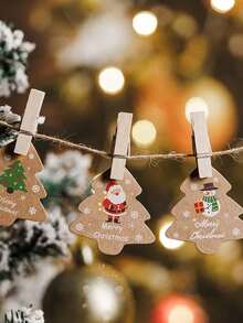 Vintage Christmas Tree Shaped Slogan Pattern Gift Tags With Rope, Santa Claus And Snowman Pattern Paper Gift Decoration Labels, Suitable For Christmas Party Gifts, Christmas - Multicolor - View 3