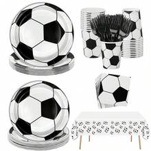 122pcs Soccer Them Party Supplies  - Football Theme Party Decorations Kit Includes Soccer Plates, Cups, Napkins, Forks & Soccer Party Tablecloth For Adults Sports Celebration, Baby Shower - 黑與白 - 查看 1