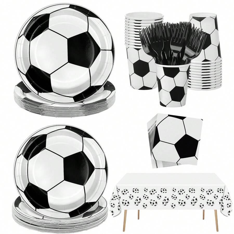 122pcs Soccer Them Party Supplies - Football Theme Party Decorations Kit Includes Soccer Plates, Cups, Napkins, Forks & Soccer Party Tablecloth For Adults Sports Celebration, Baby Shower - 黑與白 - 查看 1