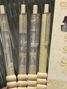 4pcs Cute Bow Press-Type Pens, Fashion Design, High Quality, Quick-Drying Neutral Ink, 0.5mm Black Ink, Suitable For Notebooks, Exams, Office Supplies And Student Gifts. - Ice Blue Bow Pen - View 6
