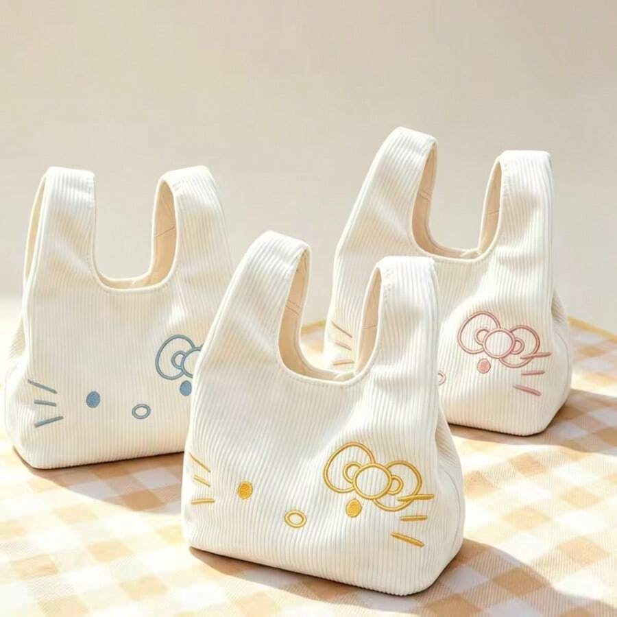 1pc Sanrio Hello Kitty Embroidered Corduroy Handbag, Cute Girl Mini Tote Bag For Daily Commute And Shopping, Christmas Halloween Birthday Gift - Multicolor - View 1