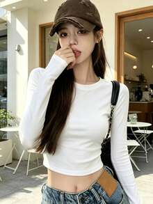 1件女款純色長袖T恤，修身短版上衣 - 白色 - 查看 3