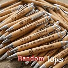 10Pcs/50Pcs/80Pcs/100Pcs-Bamboo Retractable Ballpoint Pens, Round Barrel With Metal Clip, Medium Tip, Smooth Writing And No Ink Leakage, Suitable For Office, Business, School And Events, Perfect Gift Choice (Random Pattern) - Bamboo Pen - View 10