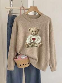 Suéter de manga larga con estampado de oso para mujer talla grande, uso casual diario, nueva moda de otoño 2026 para mujeres,,Falldealsforyou,Falloutfits,Falloutfits - Caqui - Ver 2