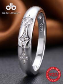 925 Sterling Silver Polished Curved Women's Wedding Ring, Three-Star Shaped Micro-Pave Zirconia Stackable Ring, Classic Comfortable Confession Ring With Gift Box - Samsung Zirconia Curved Ring - View 2
