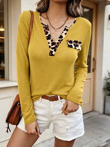 Women's Solid Color Leopard Patchwork Simple Daily Sweetheart Collar Long Sleeve T-Shirt Graphic Cheetah Print Tees Women Tops For Spring Outfit - Yellow - View 3
