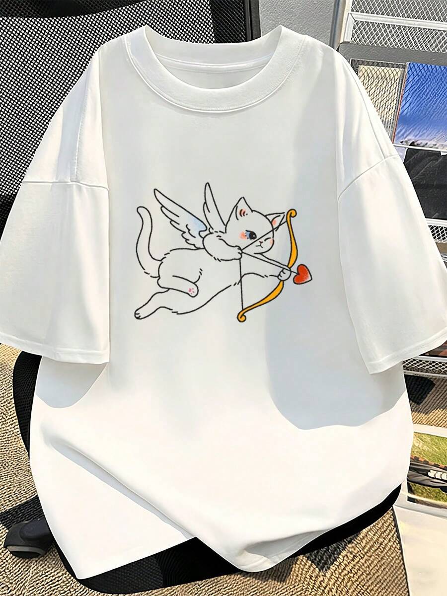 Women's T-Shirt With Amor Cat Wing And Arrow Design - Loose Fit, Short Sleeves, Round Neck, Suitable For Casual Wear, Themed Parties, Etc. - White - View 1