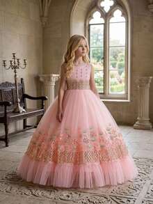 Tween Girls Faux Pearl Contrast Color Embroidered Mesh Elegant Party Dress, Headband Not Included - Pink - View 2