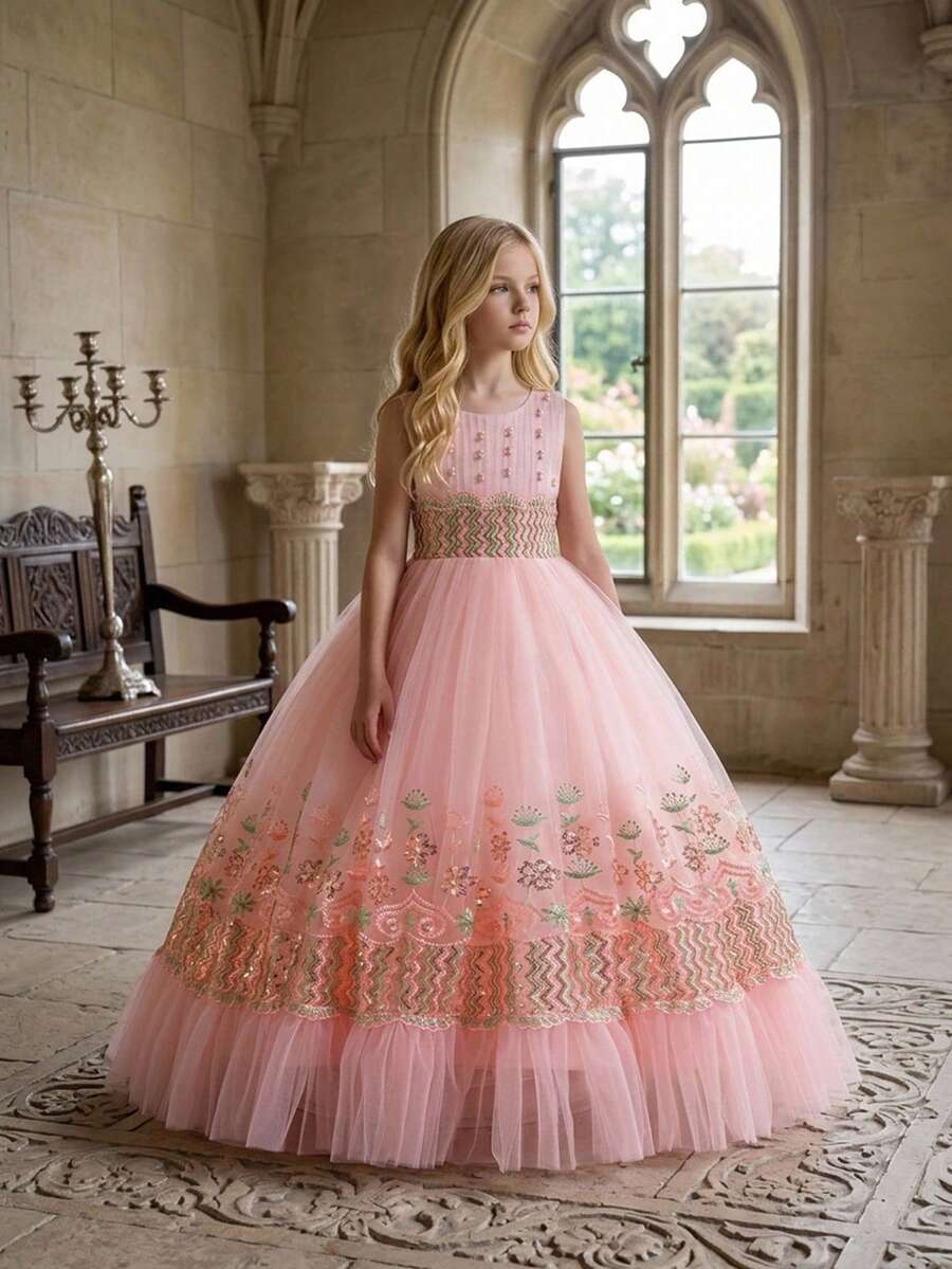 Tween Girls Faux Pearl Contrast Color Embroidered Mesh Elegant Party Dress, Headband Not Included - Pink - View 1