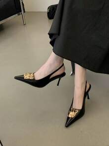 2025新款金屬拼接法式風細高跟尖頭單帶黑色亮眼女款高跟鞋/高跟涼鞋 - 黑色 - 查看 6
