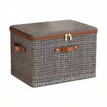 Abric Storage Box With Lid, Foldable Clothes Storage Organizer Bin With Leather Handle & Zipper, Large Capacity Closet Storage Container For Bedding Garments - Brown - View 1