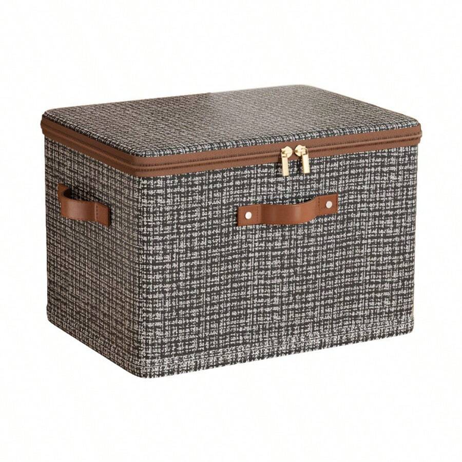 Abric Storage Box With Lid, Foldable Clothes Storage Organizer Bin With Leather Handle & Zipper, Large Capacity Closet Storage Container For Bedding Garments - Brown - View 1