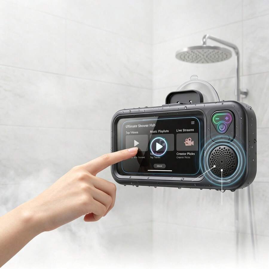 防水シャワー用スマホホルダー（ワイヤレスBluetoothスピーカー内蔵、強力マグネット式留め具、高感度タッチスクリーン、360°サラウンドサウンド）、バスルーム用スマホケース、シャワーや洗顔に最適 - ブラック - チェックする 1