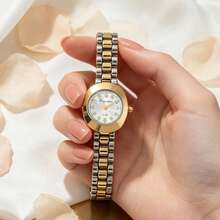 xinyunkou French Luxury Round Dial Rhinestone Quartz Watch For Women, Vintage Two-Tone Thin Steel Band, Elegant Commuter Wristwatch - Gold - View 2