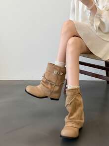 Woven Rope Ruched Mid-Calf Boots, Plus Size Women's Round Toe Casual Vibe Ankle Boots - Khaki - View 1