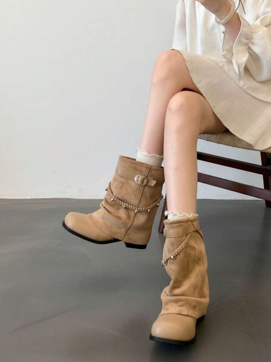 Woven Rope Ruched Mid-Calf Boots, Plus Size Women's Round Toe Casual Vibe Ankle Boots - Khaki - View 1