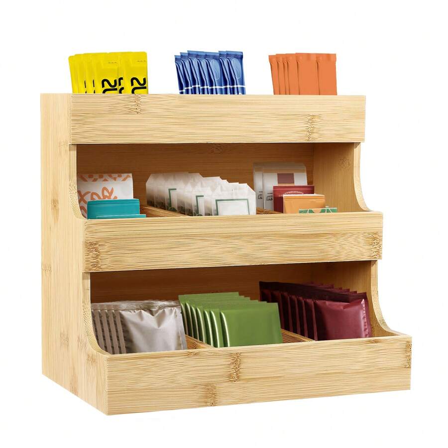 Bamboo Tea Bag Organizer, Tea Bag Storage Box With Divided Compartments, Space-Saving Tea Storage Container For Countertop, Home, Kitchen & Office Pantry - 木質色 - 查看 1