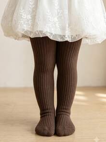 1 Pair Fine Vertical Striped Children's Tights, Versatile Minimalist Girls' Tights, Spring/Autumn Solid Color Double-Needle Girls' Tights - Coffee Brown - View 2