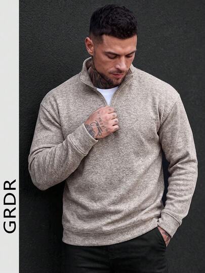 GRDR Soft Variegated Plain Texture Fabric Half-Zip Ribbed Cuff Dropped Shoulder Solid Color Men's Minimalist Casual Sports Long Sleeve Pullover