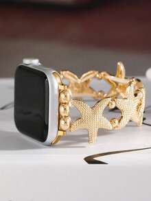 Vacation Style Beach Starfish Geometric Beaded Design Women's Watch Band Compatible With Apple Watch, Daily Design Accessory Decoration - Golden - View 3