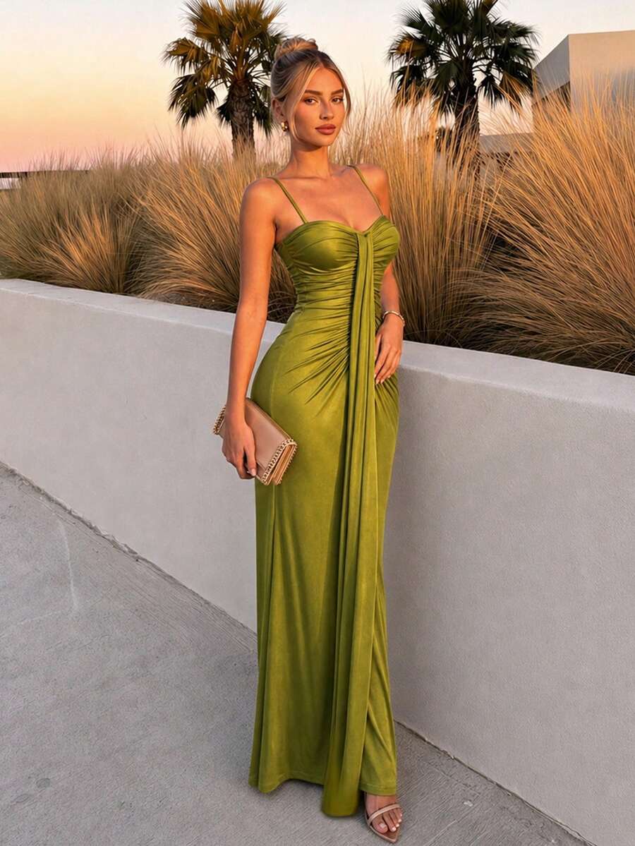 Women's Olive Green Maxi Dress Sleeveless Spaghetti Strap Sweetheart Neck Ruched Bodycon Evening Party Gown - Green - View 1