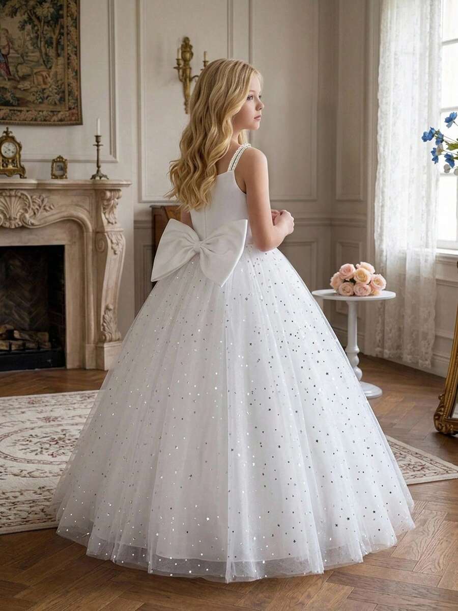 Tween Girls Faux Pearl Strap Sequin Mesh Big Bow Elegant Ball Gown Suitable For Birthday Party, Headband Not Included - White - View 1