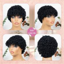 Women's Afro Kinky Curly Human Hair Wig With Bangs, Remy Brazilian Hair, Short Water Wave Pixie Cut, Elastic Mesh Cap, Full Machine Woven, Suitable For Festivals, Parties, Music Festivals - Natural Black - View 5