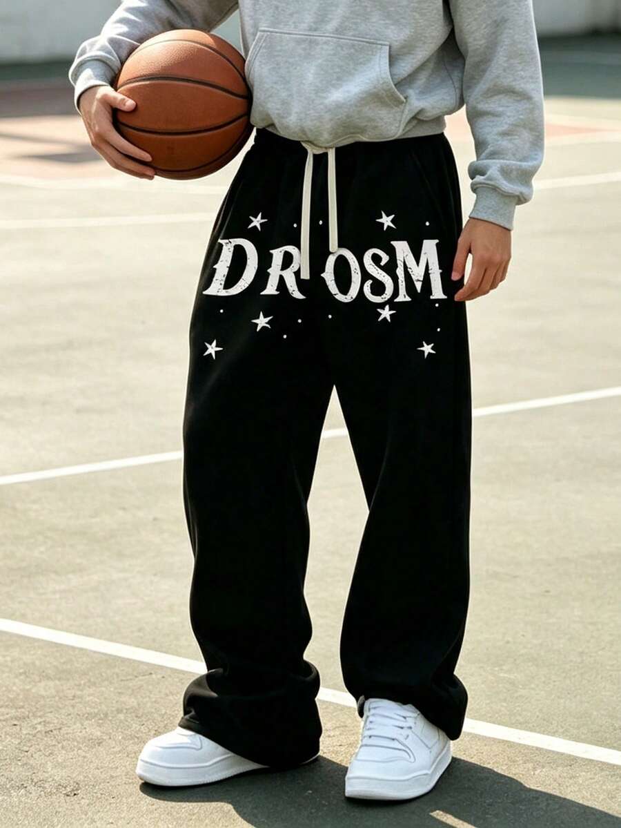 American Retro Star & Letter Print Sweatpants For Men, Elastic Drawstring Loose Straight Leg Wide Leg Casual Sports Long Pants - Black - View 1