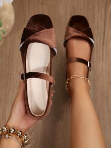 Spring/Autumn New French Style Square Toe Suede Mary Jane Flat Shoes For Women, Minimalist Fairy Style Lightweight Loafers - Coffee Brown - View 1