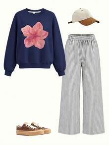 2pcs Girls Aesthetic Floral Sweatshirt Set, Watercolor Pink Hibiscus Print Soft Autumn/Winter Campus Outfit - Navy Blue - View 2