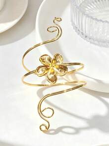 1pc Fashion Elegant Minimalist Gold Plumeria Line Bracelet Bangle, Adjustable Open Jewelry Armlet, Suitable For Daily, Party And Travel Wear - Armband - View 4