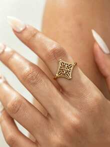 1 Pc Fashion Hollow Flower Rings For Women Men Gold Color Stainless Steel Geometric Ring Aesthetic Wedding Jewelry Couple Gift - Multicolor - View 12