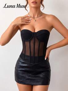 Luna Muse Damen Frühling/Sommer neues schwarzes Mesh transparentes Bandeau Bustier Top, Palaststil figurbetontes Korsett mit Fischgräten-Design, Y2K sexy auffälliges trägerloses Crop Top, cooler raffinierter Vibe, geeignet für Alltag, Lässig, Party, Urlaub, Date, Straße, Performance, Show, Outdoor, Schulanfang, Punk-Stil, Thanksgiving, Musikfestival, Halloween, Weihnachten, Valentinstag, Neujahr, Party-Outfits - Schwarz - Übersicht 3