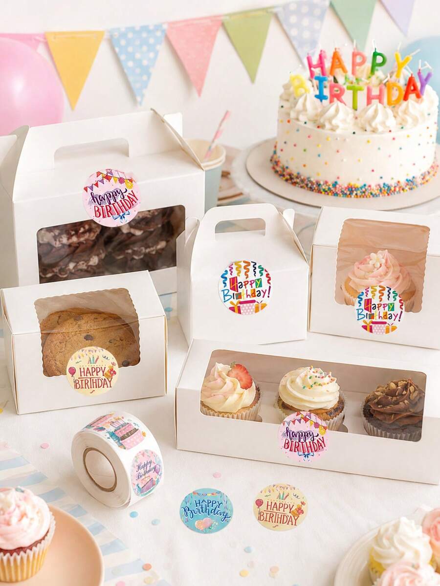 1 Roll 500pcs Happy Birthday Stickers, Colorful Round Gift Bag Seal Labels, Dessert Box Packaging Labels, Suitable For Birthday Party And Anniversary Celebration - Multicolor - View 1