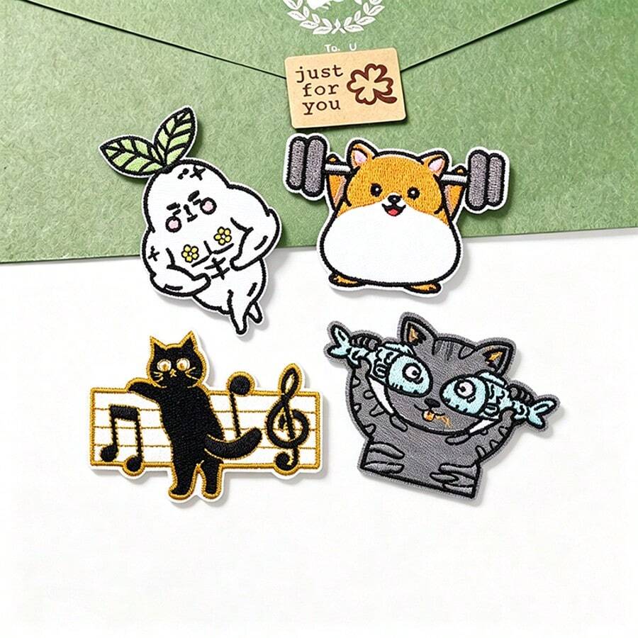 4 piezas de parches termoadhesivos de animales de dibujos animados lindos y divertidos, rábano musculoso, Shiba Inu levantando pesas, apliques bordados para chaquetas y mochilas, insignias de dibujos animados encantadoras, decoración de ropa DIY para atuendos casuales & accesorios de bolsos encantadores - multicolor - Ver 1
