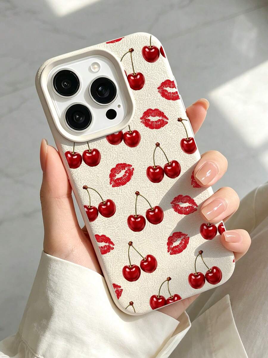 1pc Personalized Cherry Lip Print Pattern Beige Faux Leather Large Hole Phone Case Compatible With IPhone 16/16Pro/16Plus/15/15ProMax/15Pro/11/12/13/14ProMax/11Pro/11ProMax/12Pro/12ProMax/13Pro/13ProMax/14Pro/14ProMax Soft Shell Premium Creative - Multicolor - View 1