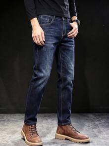 Men's Minimalist Slim Fit Denim Jeans With Light Distressed Cat Whisker Wash, Comfortable Stretch Fit, Non-Tight, Versatile Casual Everyday Work Jeans - Dark Wash - View 6