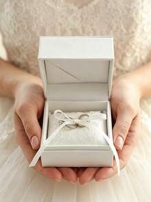 Personalized Name & Date Artificial Leather Ring Box, Customized Square Elegant White Wedding Ring Box, Customized Lace Ring Pillow, Wedding Ring Pillow With Bow, Elegant Tulle Lace - Multicolor - View 2