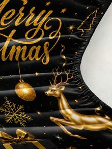 3PCS Winter Christmas Atmosphere Bedding Set, (1PC Fitted Sheet + 2pcs Pillowcases, Pillow Inserts Not Included,) Polyester Digital Print, Black & Gold Luxury Christmas Golden Reindeer & Christmas Tree Pattern, Cartoon Cozy Christmas Non-Slip Bedding Set, Machine Washable, Bedroom Holiday Home Textile - Multicolor - View 9