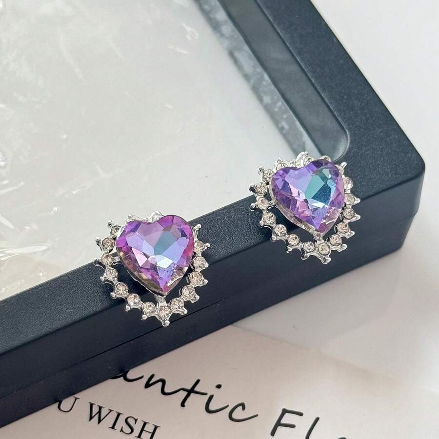 2026 New Micro-Inlaid Gradient Zirconia Heart Gemstone Stud Earrings For Women, Fashionable Elegant Ear Jewelry - Multicolor - View 1
