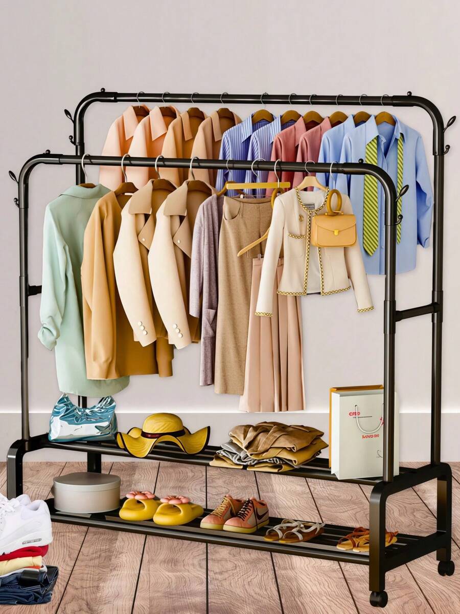 Double-Tier Garment Rack (96*38*135cm) – Heavy-Duty Metal With Shoe Rack, Storage & Organization, Easy To Assemble (Black) - View 1