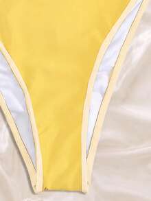 Spring/Summer New Classic Colorblock Trim One-Piece Swimsuit, Beach Vacation Party - Yellow - View 5
