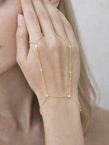 1pc Rhinestone Double Finger Connected Bracelet, Adjustable Design, Party Fashion Double Finger Back Hand Chain, Versatile Daily Wear Hand Jewelry - Gold - View 1