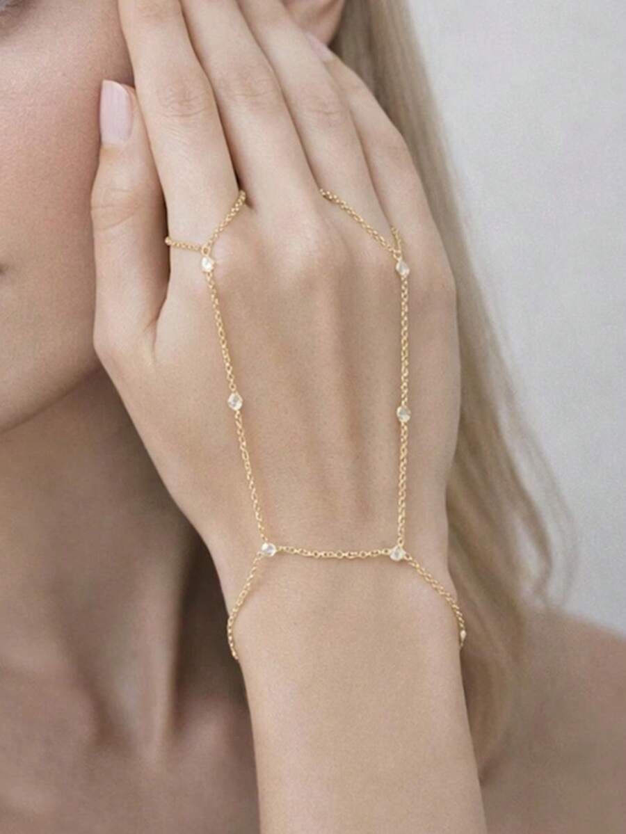 1pc Rhinestone Double Finger Connected Bracelet, Adjustable Design, Party Fashion Double Finger Back Hand Chain, Versatile Daily Wear Hand Jewelry - Gold - View 1