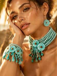 Women's Bohemian Turquoise Beaded Exaggerated Jewelry Set, Tassel Water Drop Choker Necklace, Pendant Earrings, Wide Cuff Bracelet, Beach Vacation Outfit Accessories - Multicolor - View 3