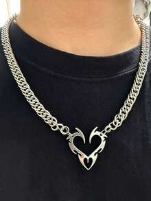 1pc Simple European & American Style Flame Totem & Heart Shaped Personalized Boutique Clavicle Necklace - Silver - View 5