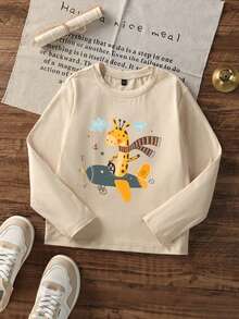 Toddler Boys Cartoon Giraffe Pilot Graphic Long Sleeve T-Shirt, Light Apricot Crew Neck Casual Tee For Spring Autumn - Apricot - View 4