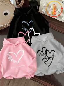 3pcs-Tween Girl 3-Piece Set, Fun Print Thermal Lined Hooded Pullover Sweatshirt, Warm And Comfortable For Autumn/Winter - Black - View 1